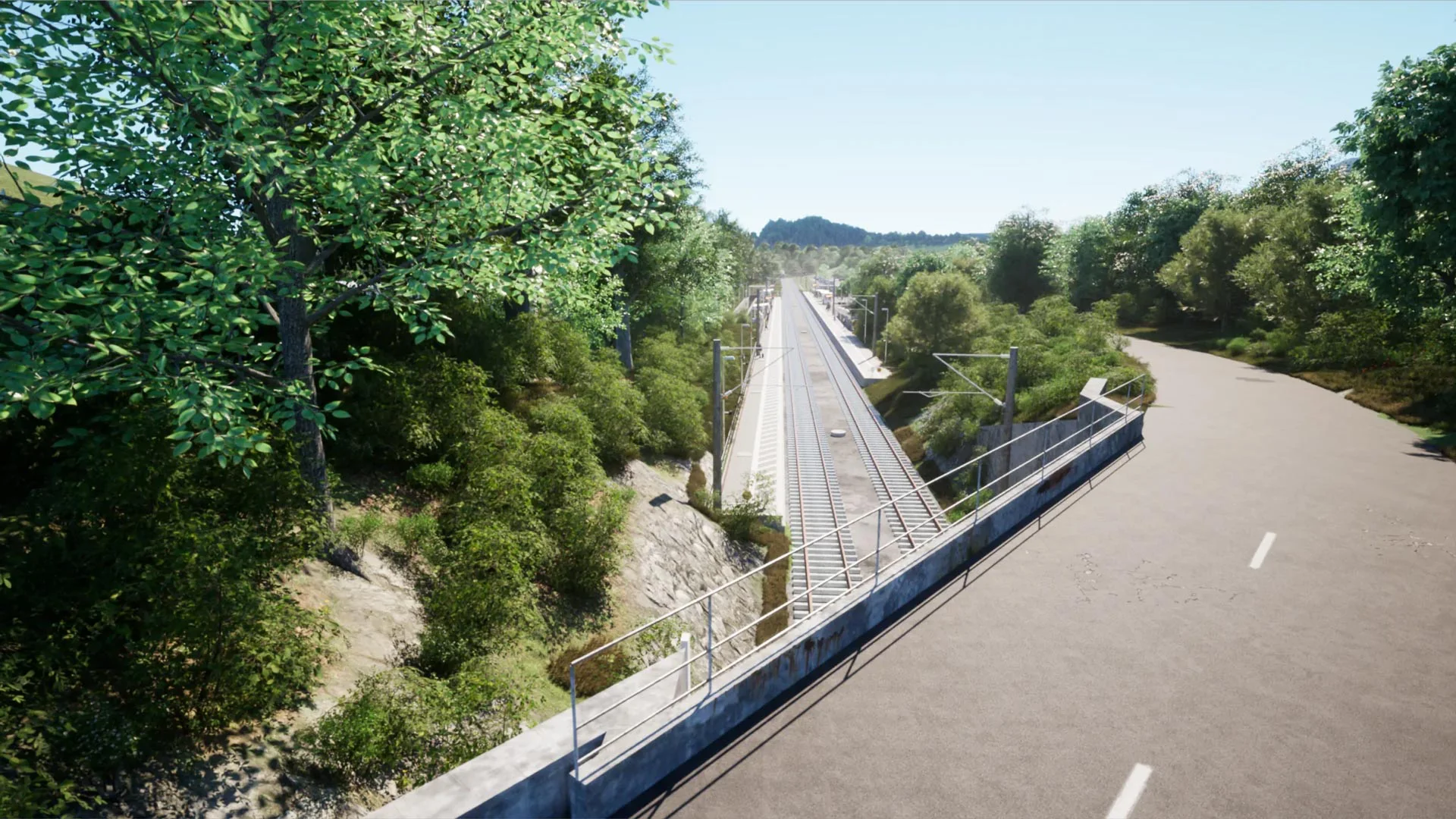 Visualisierung einer elektrifizierten Bahnstrecke durch bewaldetes Gelände – Symbol für nachhaltige Infrastrukturplanung, Bauüberwachung und BIM-Projekte der ai Consult GmbH.